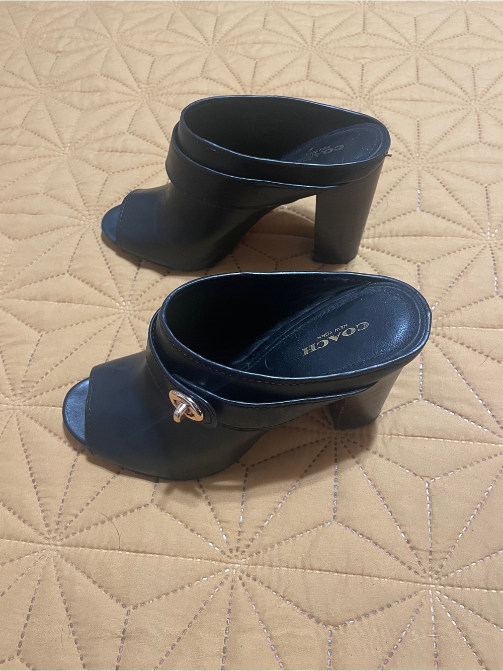 Coach Black Leather Open-Toe Block Heel Mules with Gold Accent